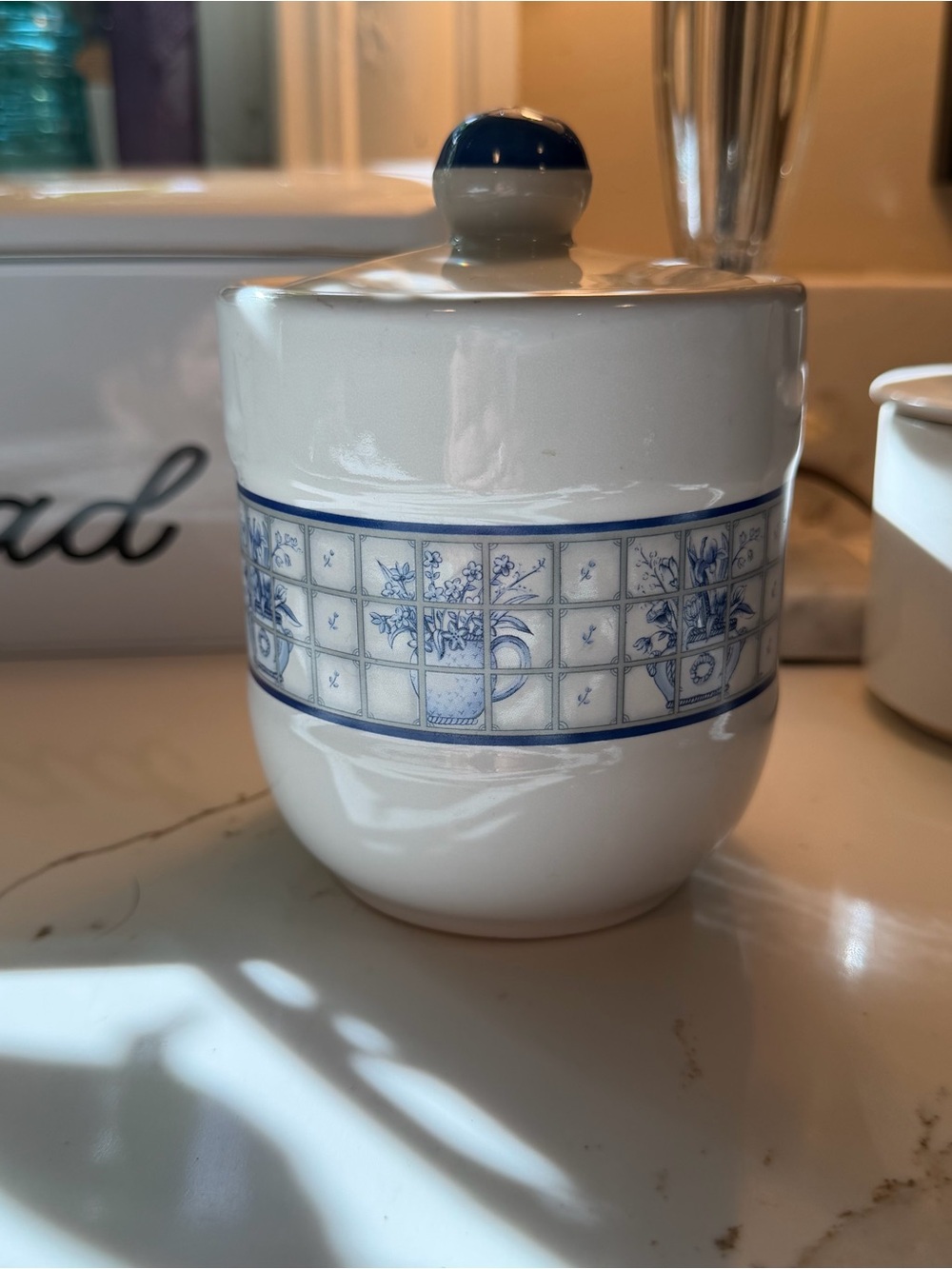 vintage Stoneware by Pomerantz kitchen canister- blue & white